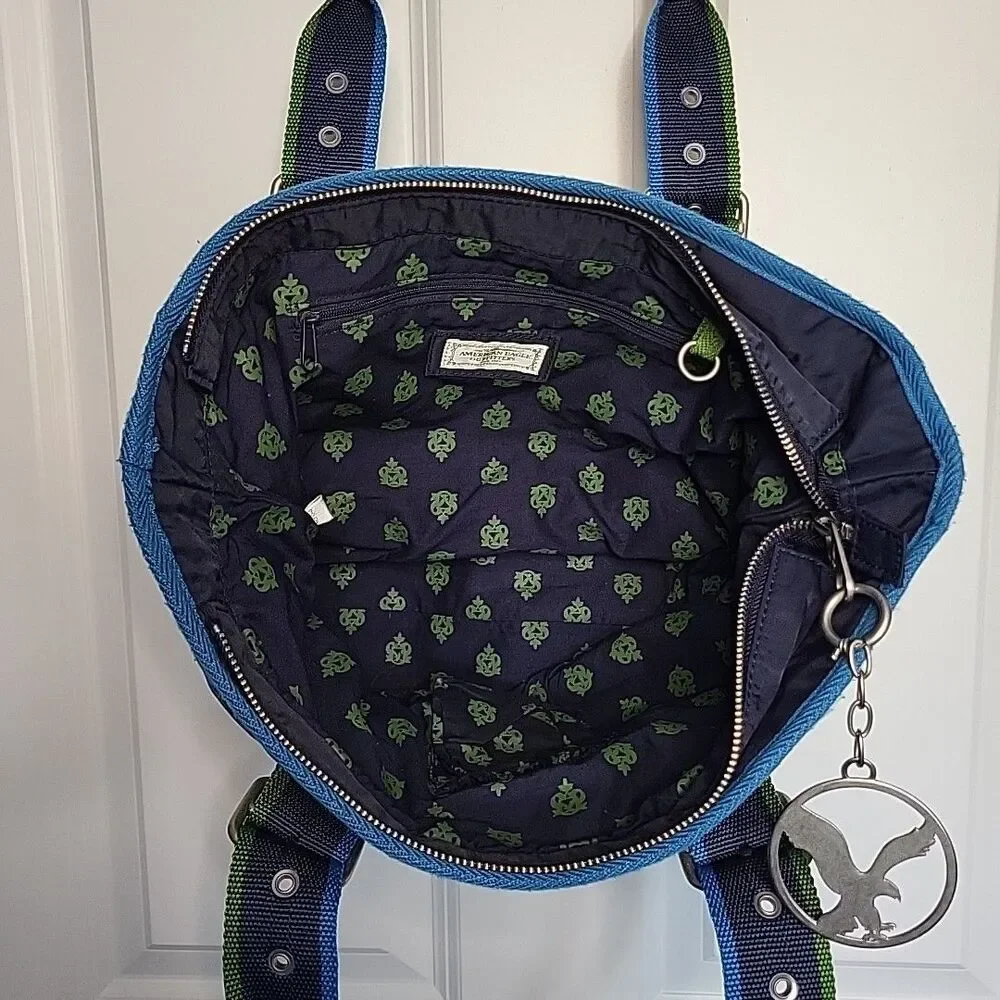 Y2K American Eagle‎ Navy Blue Buckle Tote Bag with Keychain Logo